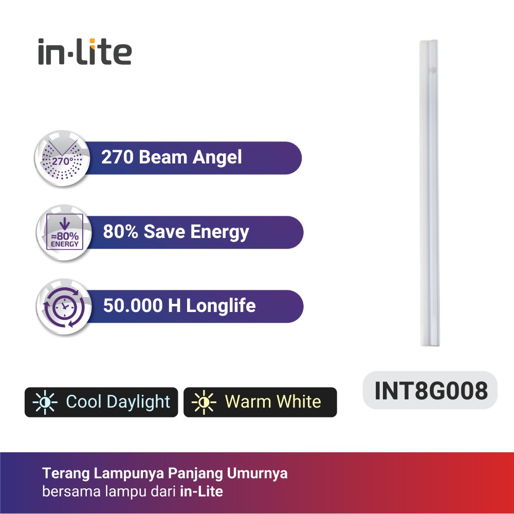 LAMPU TL LED IN-LITE T8 INT8G008 - Putih ( 7000K ) - 9 Watt LAMPU TL LED IN-LITE T8 INT8G008 - Putih ( 7000K ) - 9 Watt